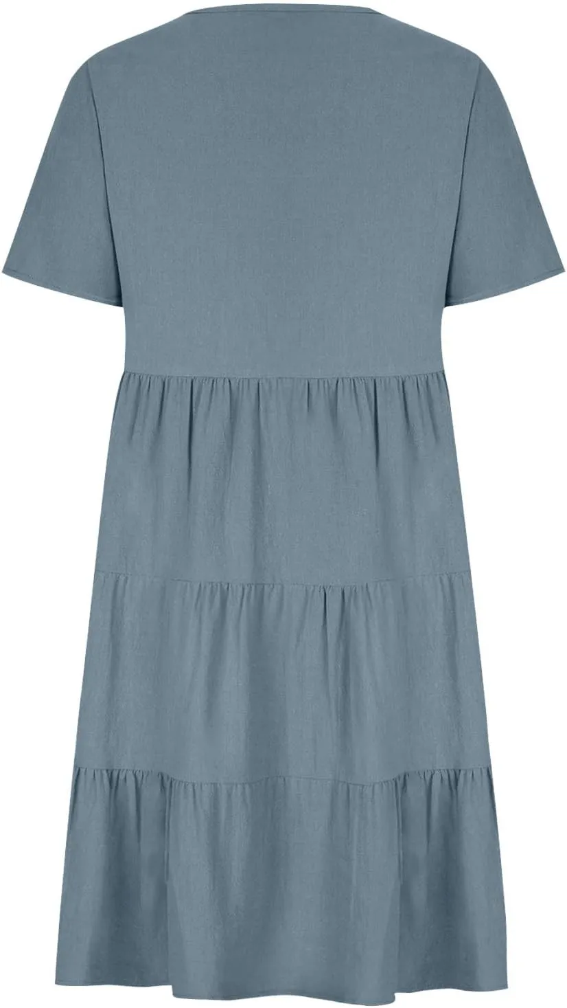 2024 Summer Dress for Women Plus Size Casual V Neck Short Sleeve Tiered Dress Swing Midi Dress A-Line Party Dresses