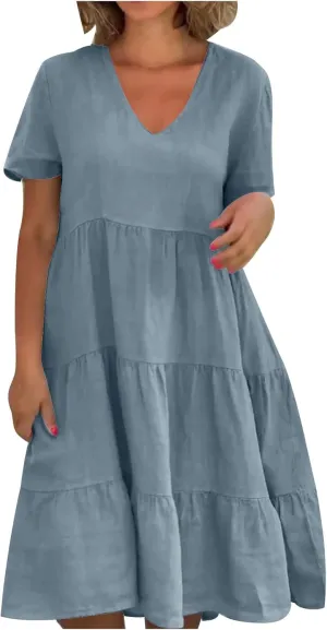 2024 Summer Dress for Women Plus Size Casual V Neck Short Sleeve Tiered Dress Swing Midi Dress A-Line Party Dresses