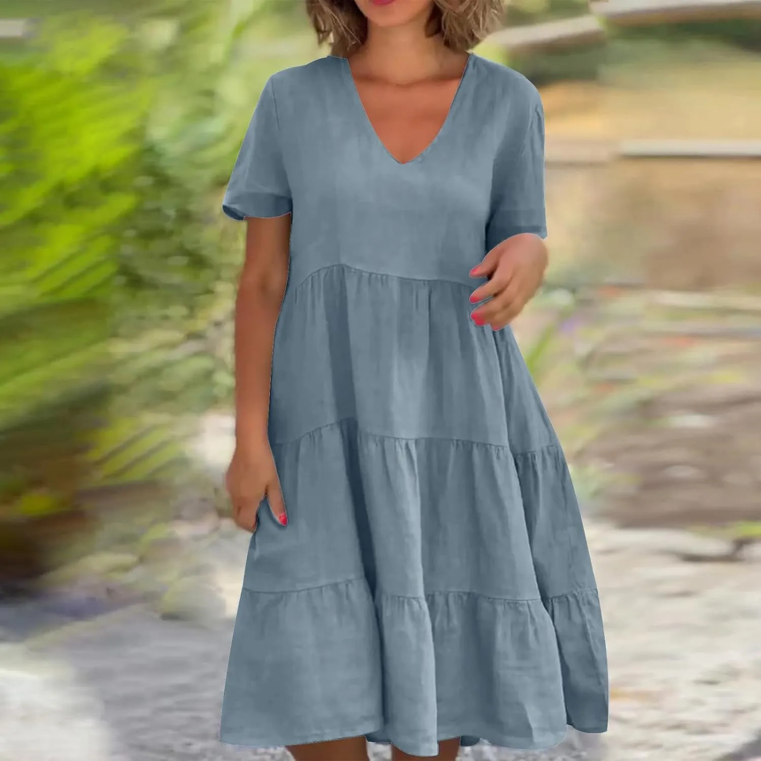 2024 Summer Dress for Women Plus Size Casual V Neck Short Sleeve Tiered Dress Swing Midi Dress A-Line Party Dresses
