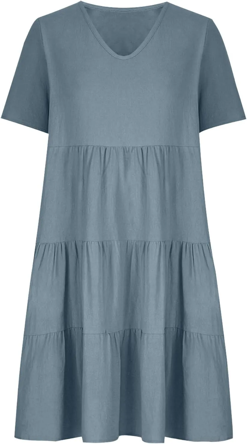 2024 Summer Dress for Women Plus Size Casual V Neck Short Sleeve Tiered Dress Swing Midi Dress A-Line Party Dresses