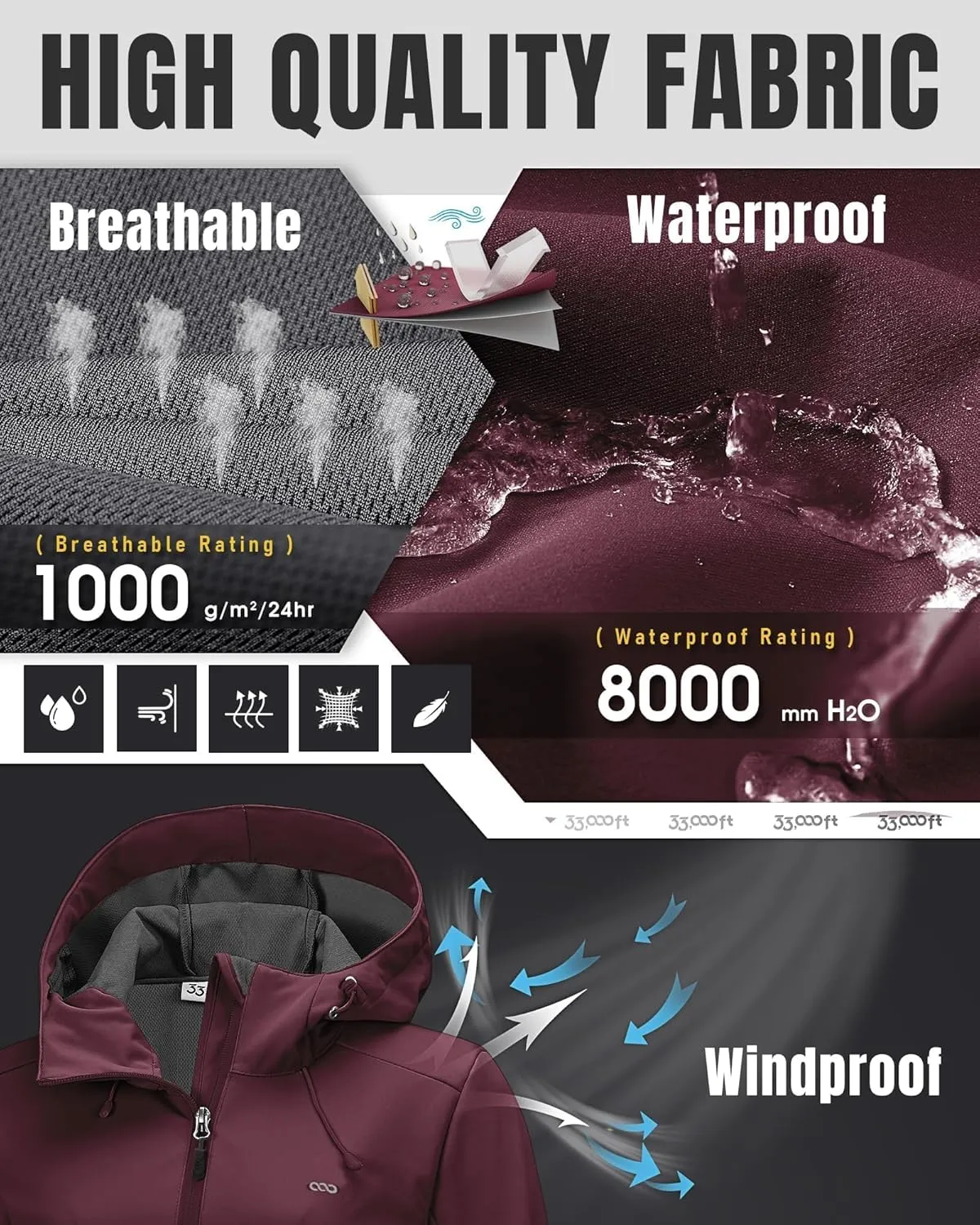 33,000ft Women's Softshell Jacket with Hood Waterproof Lightweight Windbreaker Windproof Rain Shell Jacket for Outdoor Hiking