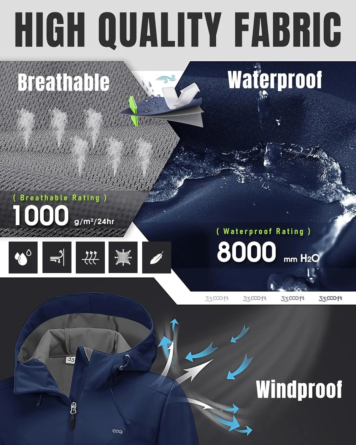 33,000ft Women's Softshell Jacket with Hood Waterproof Lightweight Windbreaker Windproof Rain Shell Jacket for Outdoor Hiking