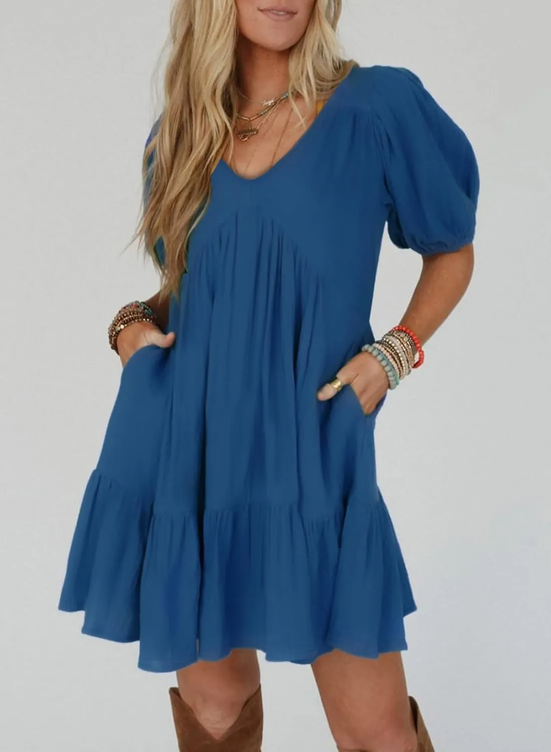 Acelitt Women's Summer Dresses 2025 Beach Casual Deep V Neck Loose Sundress Short Sleeve Mini Dress