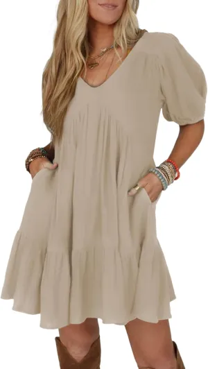 Acelitt Women's Summer Dresses 2025 Beach Casual Deep V Neck Loose Sundress Short Sleeve Mini Dress
