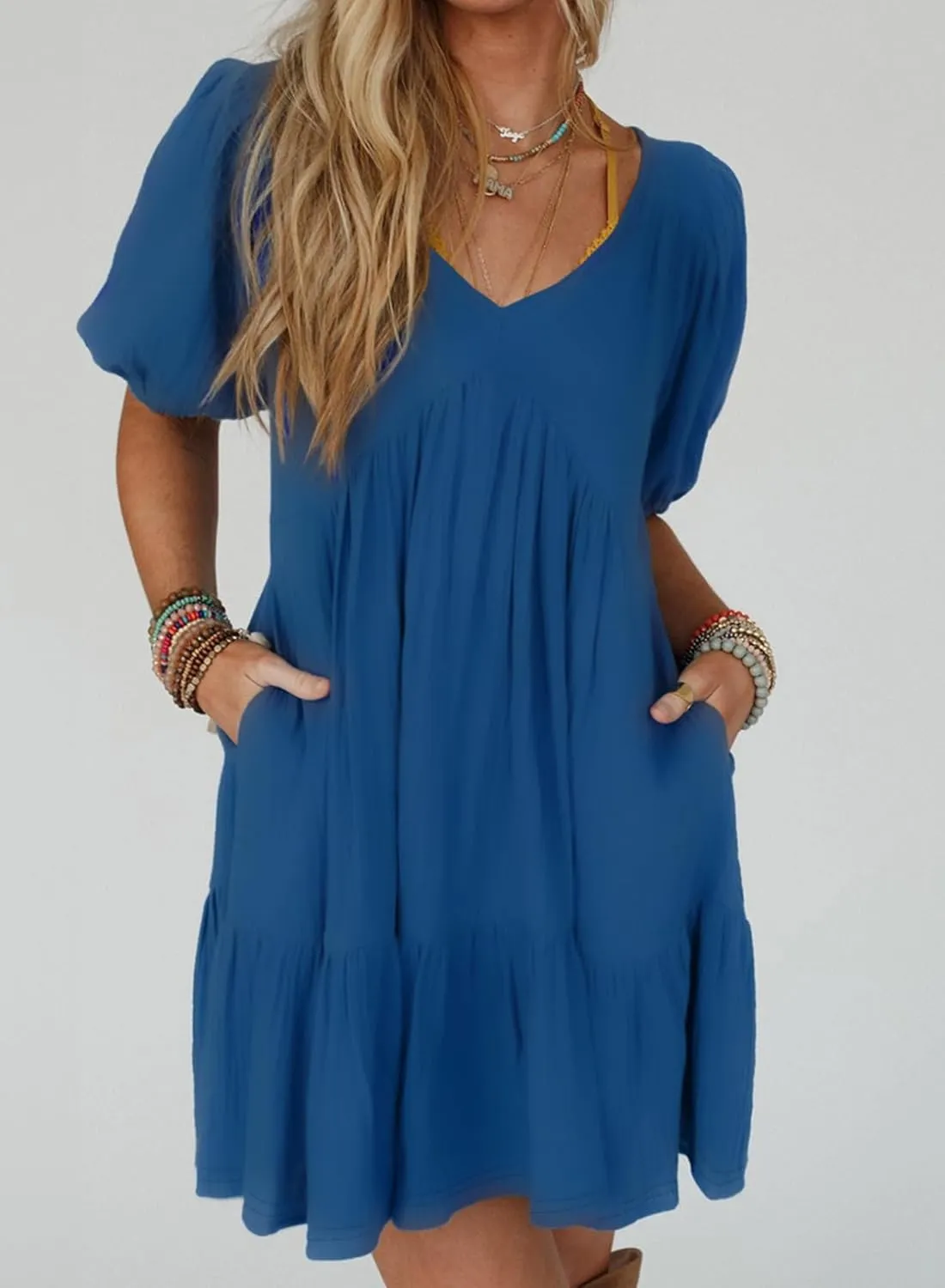 Acelitt Women's Summer Dresses 2025 Beach Casual Deep V Neck Loose Sundress Short Sleeve Mini Dress