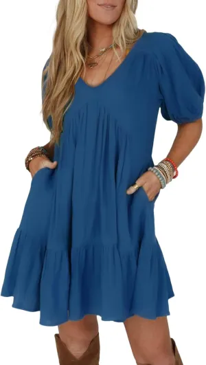 Acelitt Women's Summer Dresses 2025 Beach Casual Deep V Neck Loose Sundress Short Sleeve Mini Dress