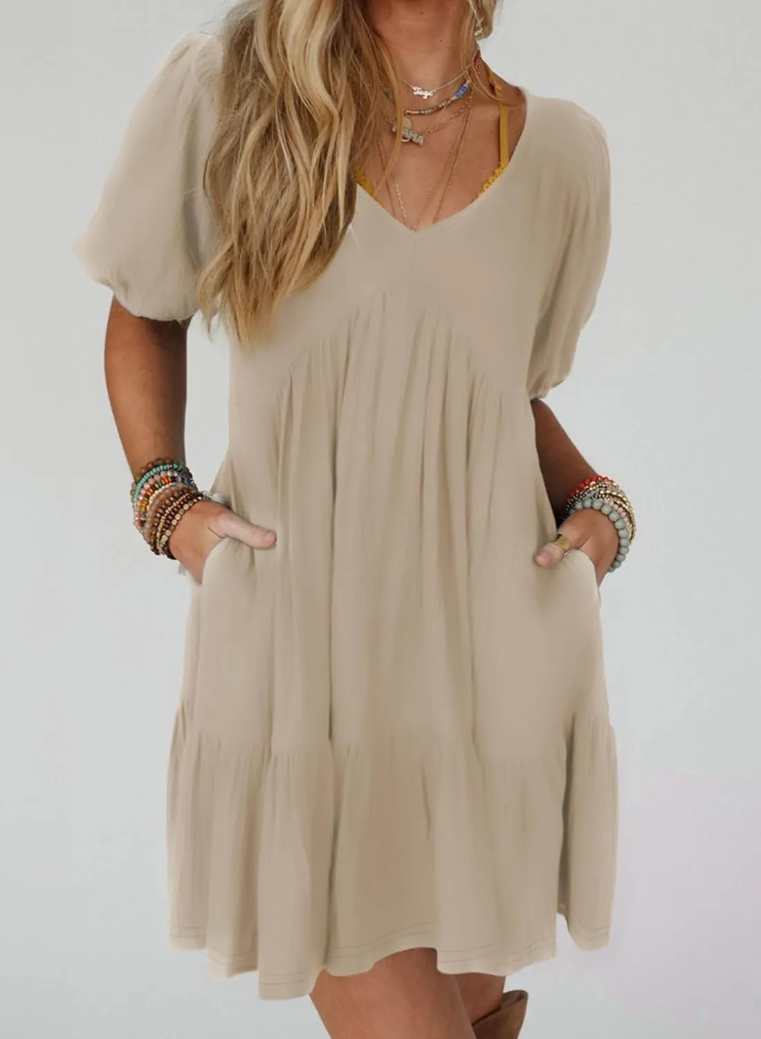 Acelitt Women's Summer Dresses 2025 Beach Casual Deep V Neck Loose Sundress Short Sleeve Mini Dress