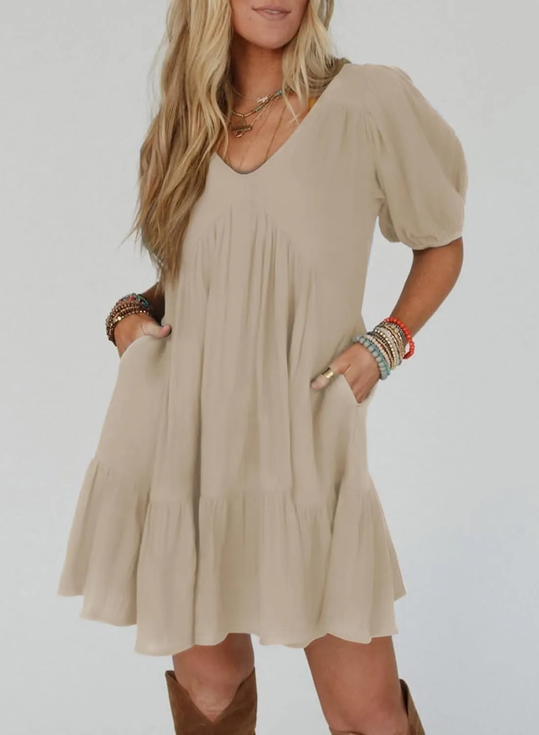 Acelitt Women's Summer Dresses 2025 Beach Casual Deep V Neck Loose Sundress Short Sleeve Mini Dress