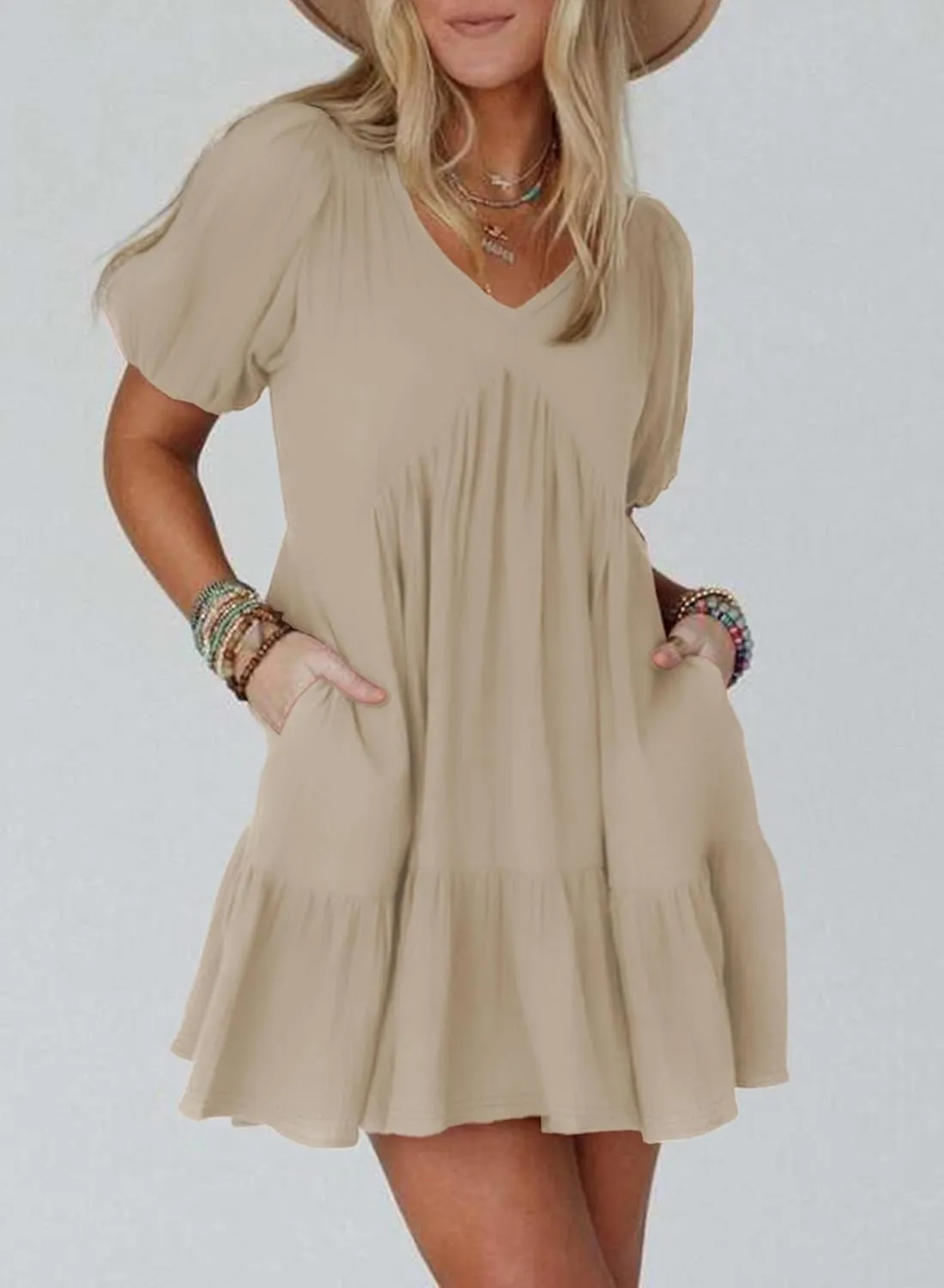 Acelitt Women's Summer Dresses 2025 Beach Casual Deep V Neck Loose Sundress Short Sleeve Mini Dress