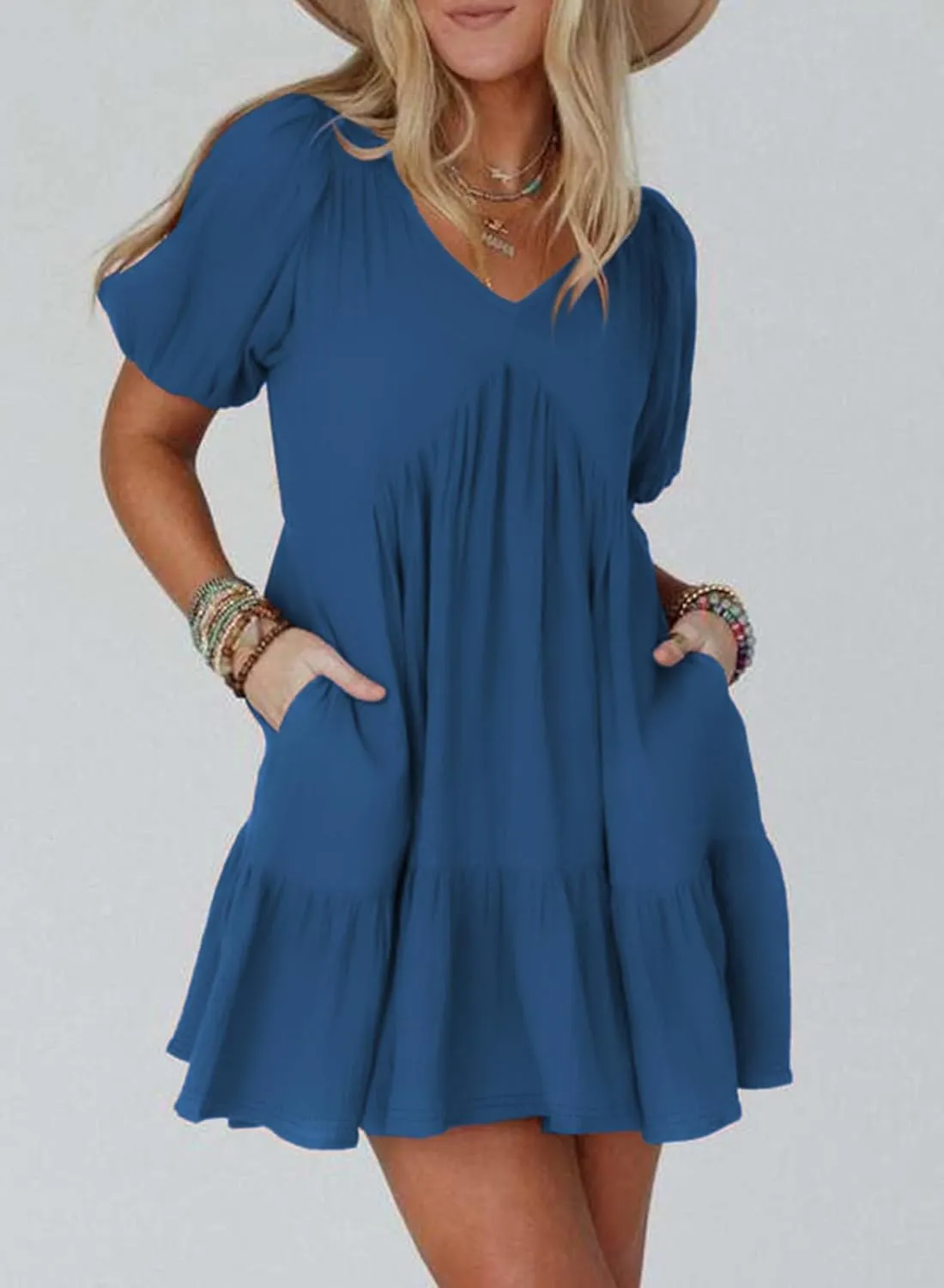 Acelitt Women's Summer Dresses 2025 Beach Casual Deep V Neck Loose Sundress Short Sleeve Mini Dress