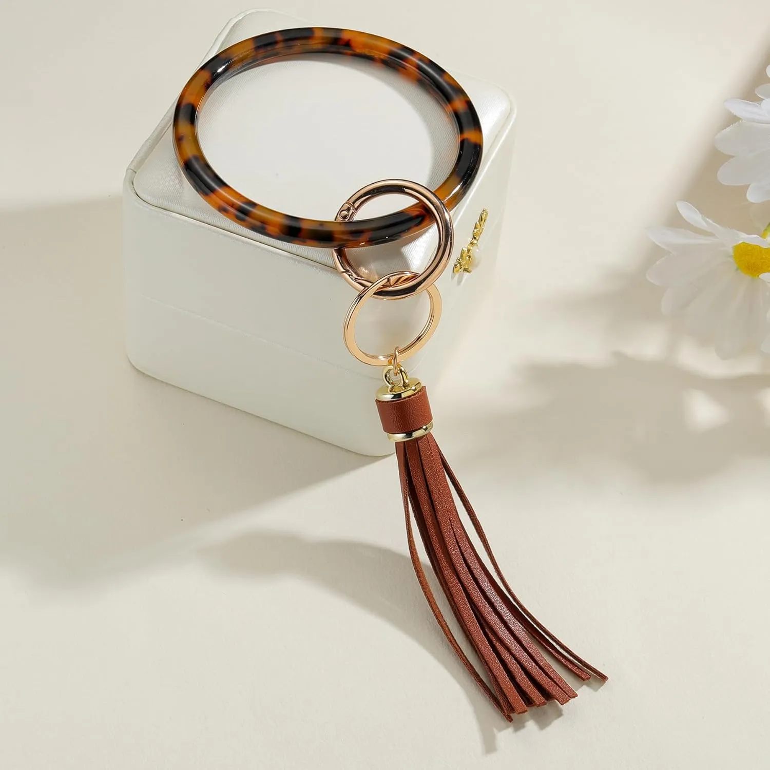 Acetate Bangle Round Smooth Key Ring Bracelet Wristlet Keychains for Women PU Tassel