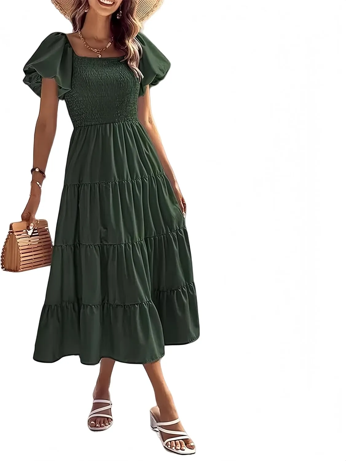 aihihe Summer Dresses for Women 2025 Casual Maxi Dress Square Neck Puff Sleeve Smocked High Waist A Line Boho Flowy Dresses