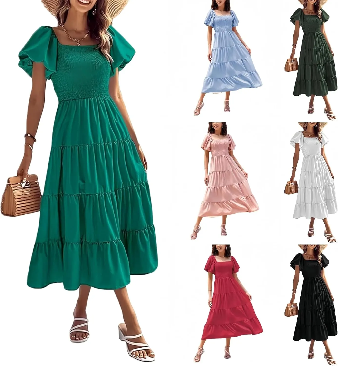 aihihe Summer Dresses for Women 2025 Casual Maxi Dress Square Neck Puff Sleeve Smocked High Waist A Line Boho Flowy Dresses