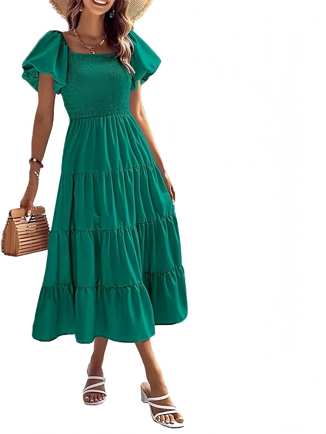 aihihe Summer Dresses for Women 2025 Casual Maxi Dress Square Neck Puff Sleeve Smocked High Waist A Line Boho Flowy Dresses