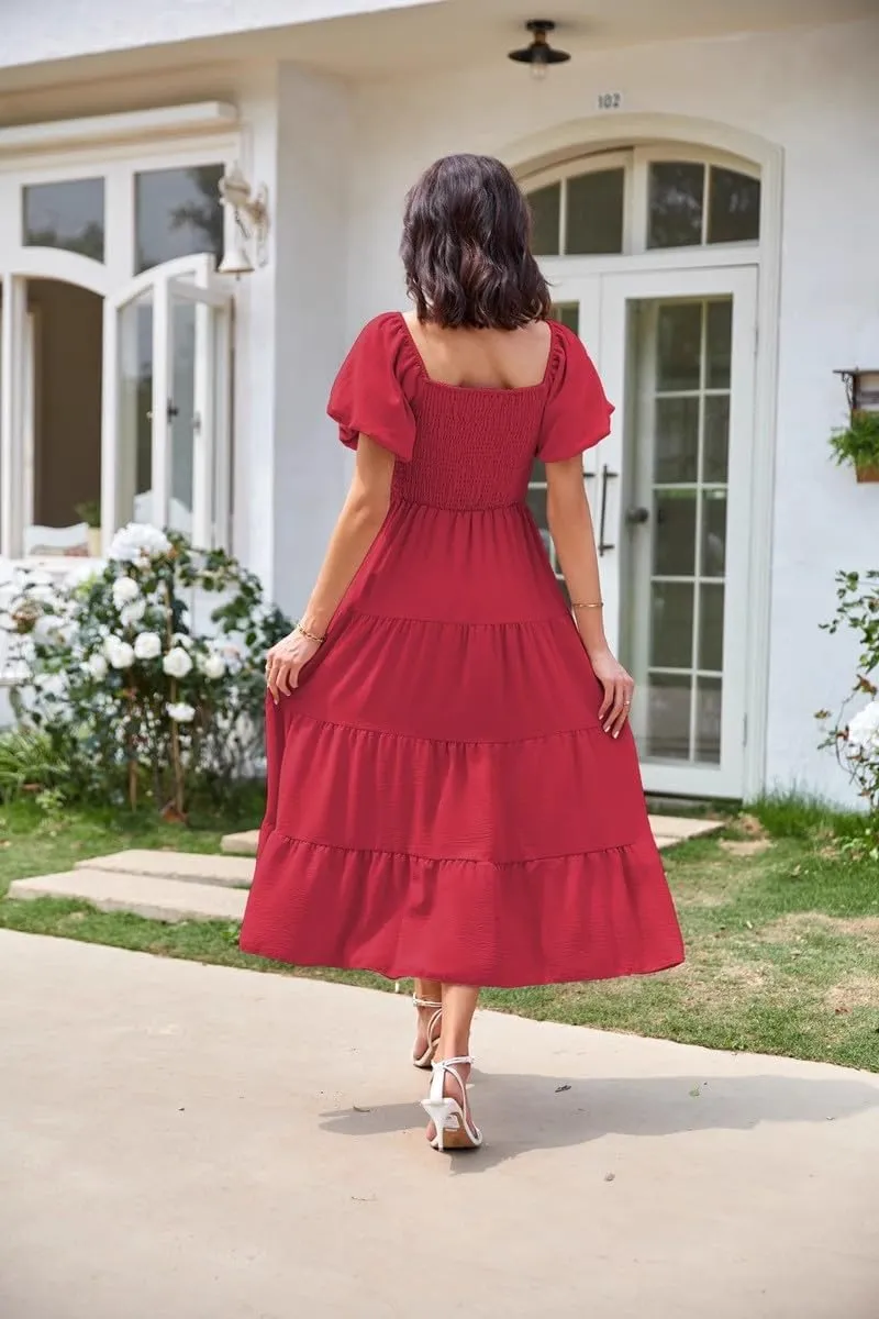 aihihe Summer Dresses for Women 2025 Casual Maxi Dress Square Neck Puff Sleeve Smocked High Waist A Line Boho Flowy Dresses
