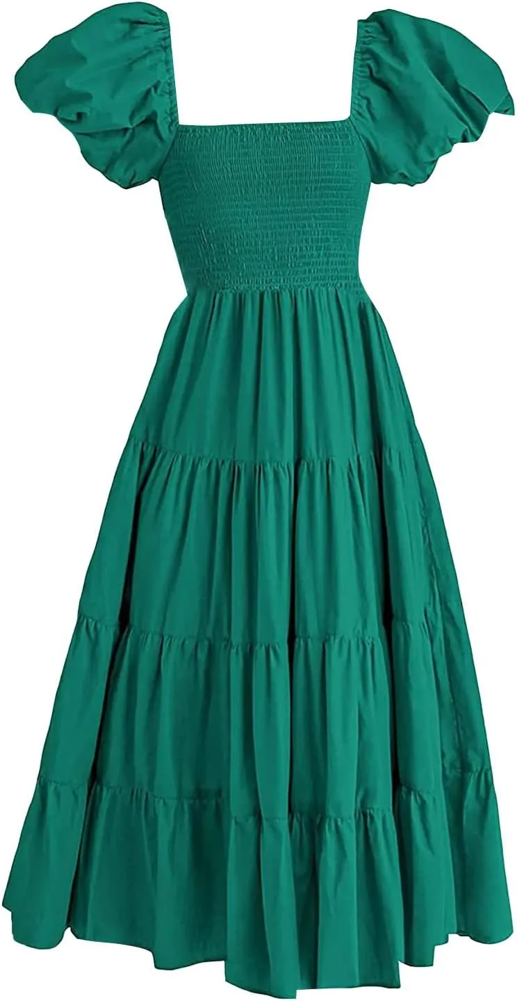aihihe Summer Dresses for Women 2025 Casual Maxi Dress Square Neck Puff Sleeve Smocked High Waist A Line Boho Flowy Dresses