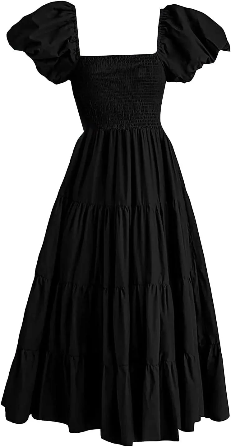 aihihe Summer Dresses for Women 2025 Casual Maxi Dress Square Neck Puff Sleeve Smocked High Waist A Line Boho Flowy Dresses