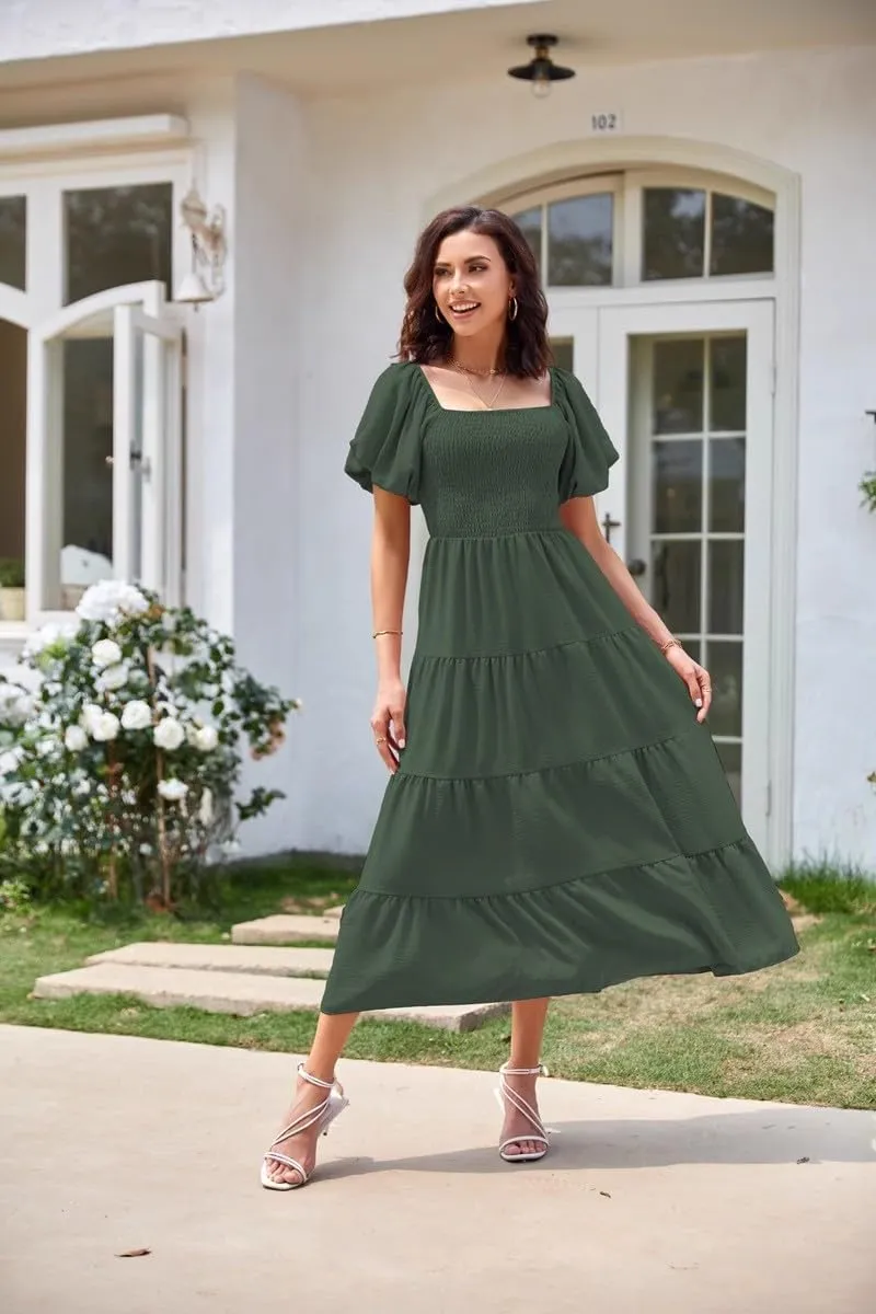 aihihe Summer Dresses for Women 2025 Casual Maxi Dress Square Neck Puff Sleeve Smocked High Waist A Line Boho Flowy Dresses