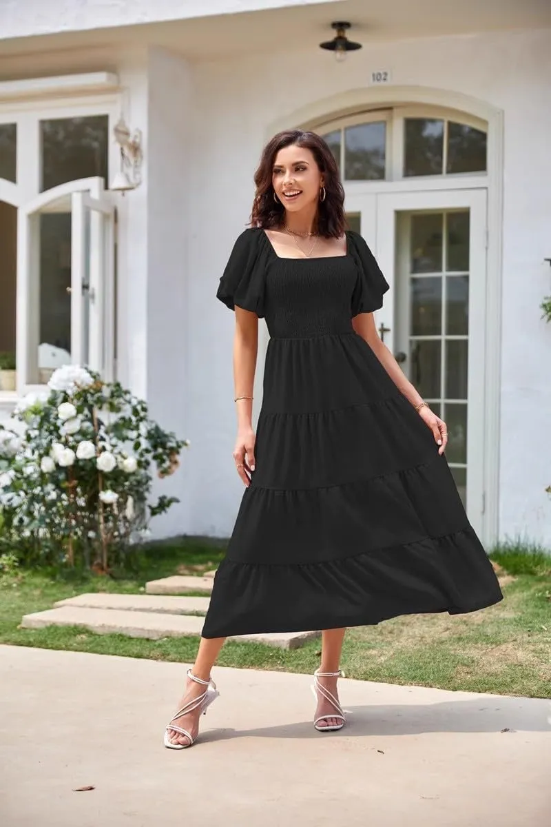 aihihe Summer Dresses for Women 2025 Casual Maxi Dress Square Neck Puff Sleeve Smocked High Waist A Line Boho Flowy Dresses