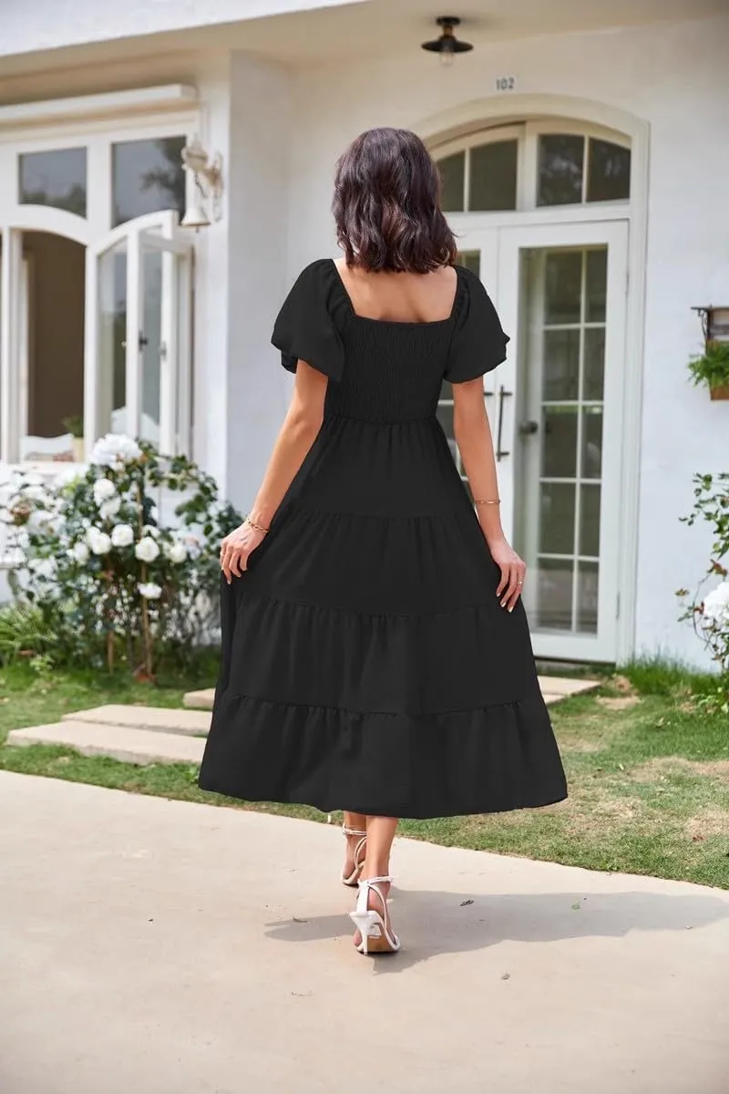 aihihe Summer Dresses for Women 2025 Casual Maxi Dress Square Neck Puff Sleeve Smocked High Waist A Line Boho Flowy Dresses