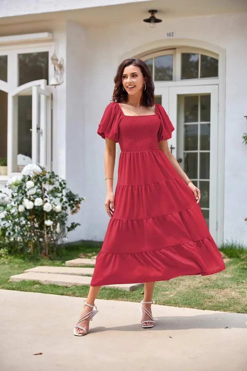 aihihe Summer Dresses for Women 2025 Casual Maxi Dress Square Neck Puff Sleeve Smocked High Waist A Line Boho Flowy Dresses