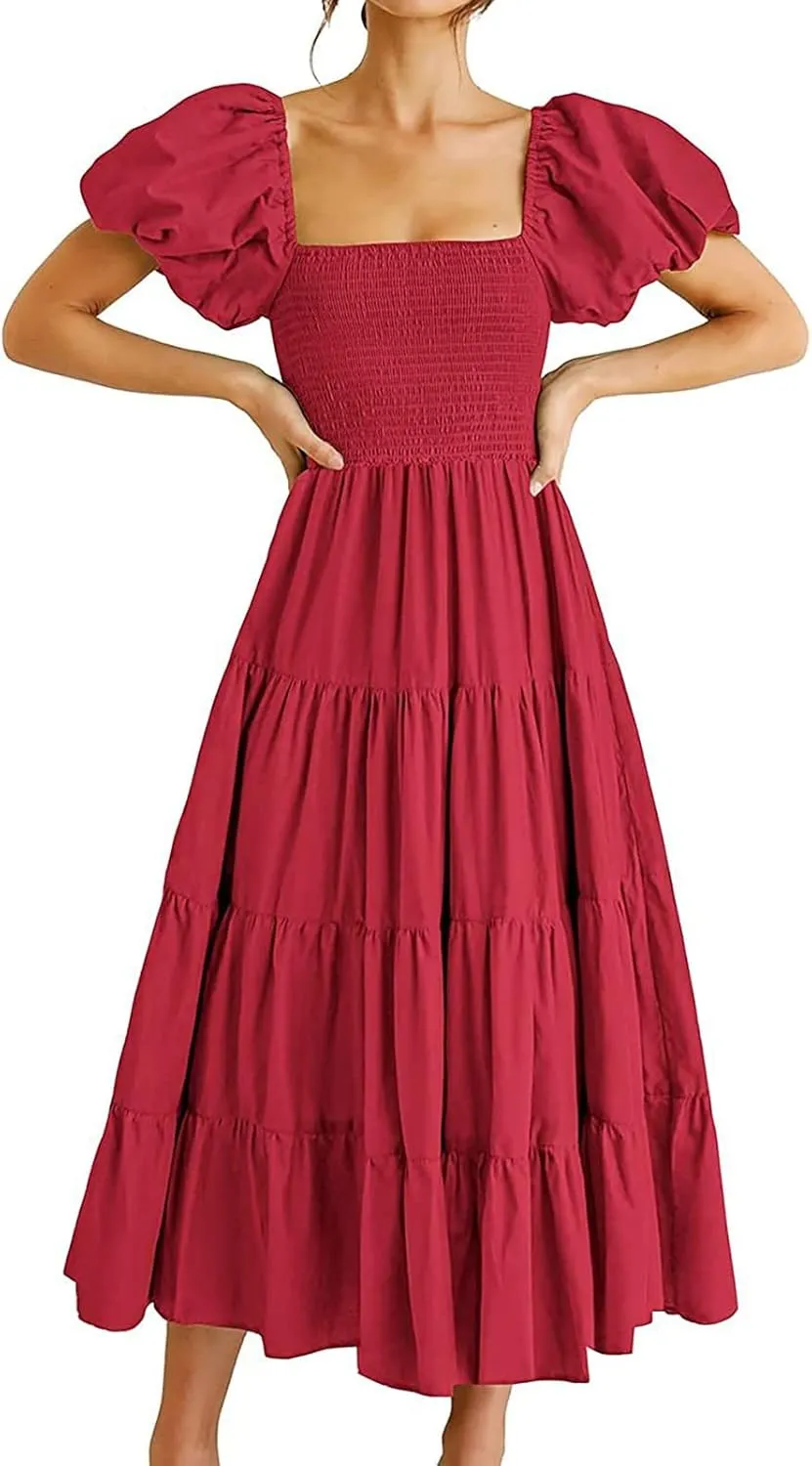 aihihe Summer Dresses for Women 2025 Casual Maxi Dress Square Neck Puff Sleeve Smocked High Waist A Line Boho Flowy Dresses