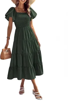 aihihe Summer Dresses for Women 2025 Casual Maxi Dress Square Neck Puff Sleeve Smocked High Waist A Line Boho Flowy Dresses