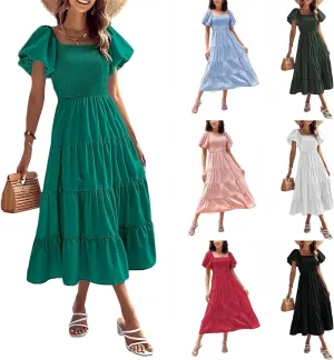 aihihe Summer Dresses for Women 2025 Casual Maxi Dress Square Neck Puff Sleeve Smocked High Waist A Line Boho Flowy Dresses
