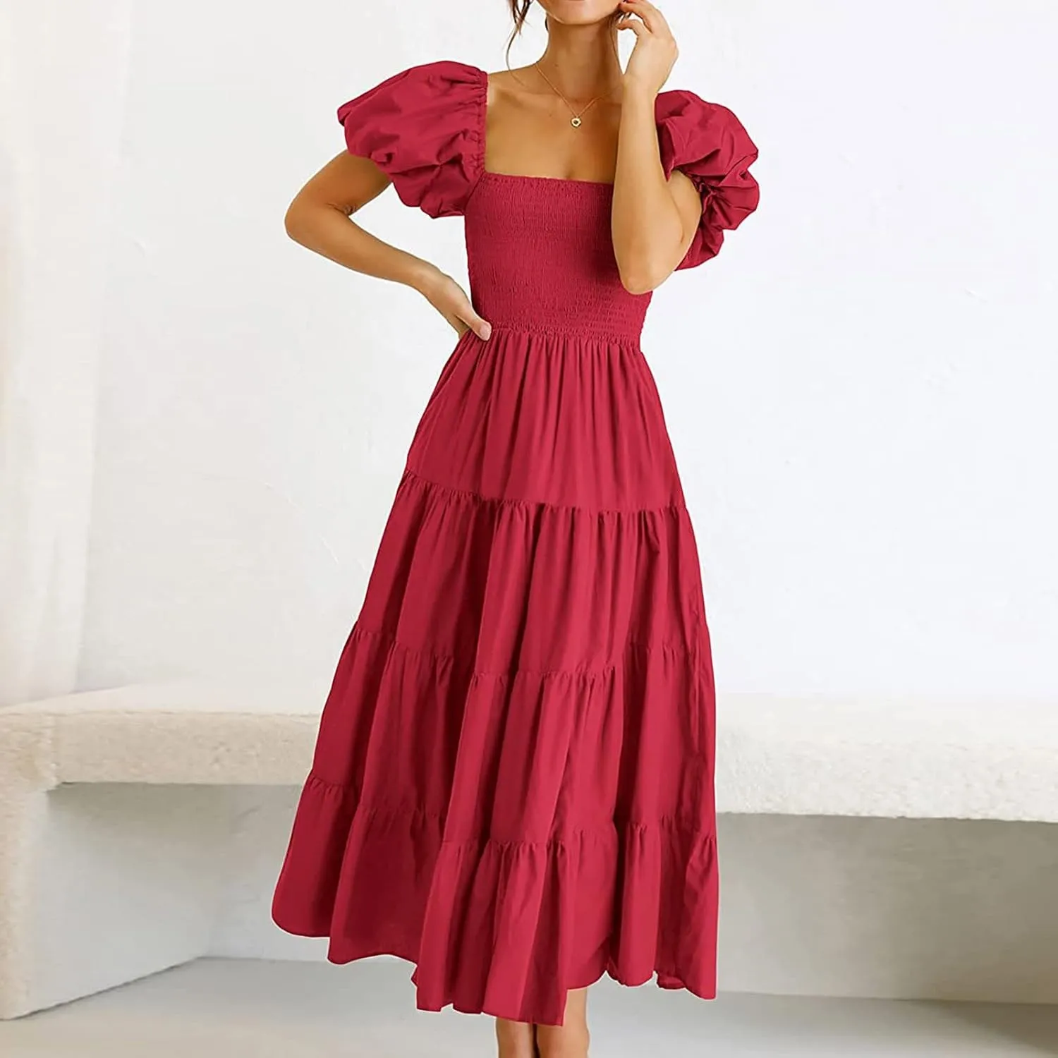 aihihe Summer Dresses for Women 2025 Casual Maxi Dress Square Neck Puff Sleeve Smocked High Waist A Line Boho Flowy Dresses