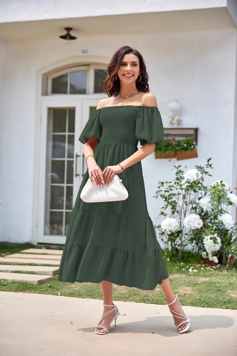 aihihe Summer Dresses for Women 2025 Casual Maxi Dress Square Neck Puff Sleeve Smocked High Waist A Line Boho Flowy Dresses