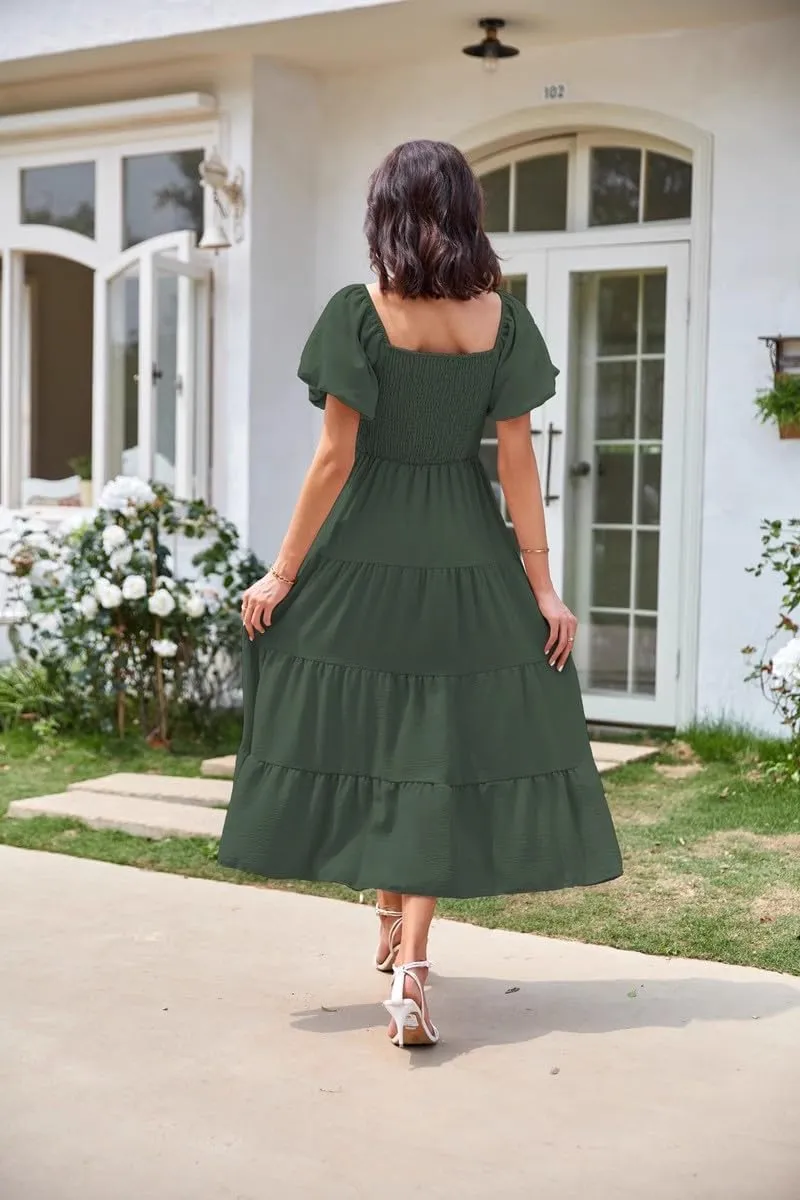 aihihe Summer Dresses for Women 2025 Casual Maxi Dress Square Neck Puff Sleeve Smocked High Waist A Line Boho Flowy Dresses