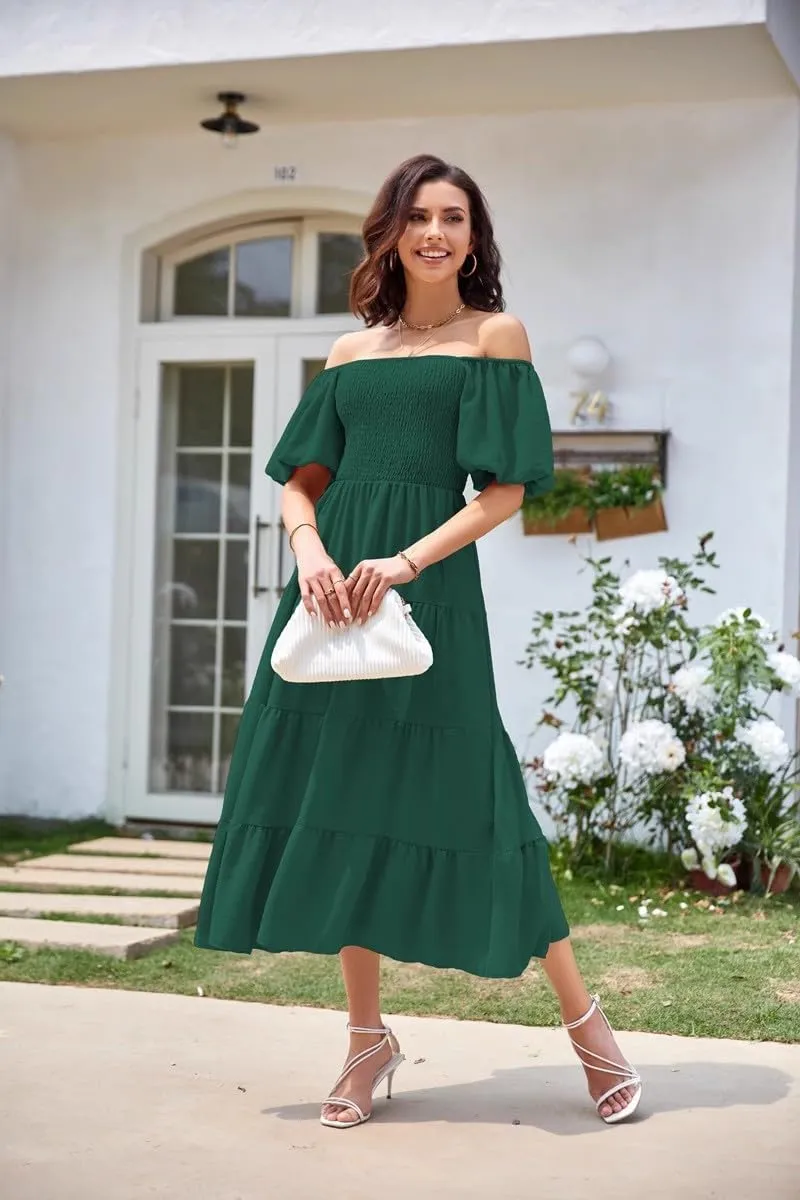 aihihe Summer Dresses for Women 2025 Casual Maxi Dress Square Neck Puff Sleeve Smocked High Waist A Line Boho Flowy Dresses