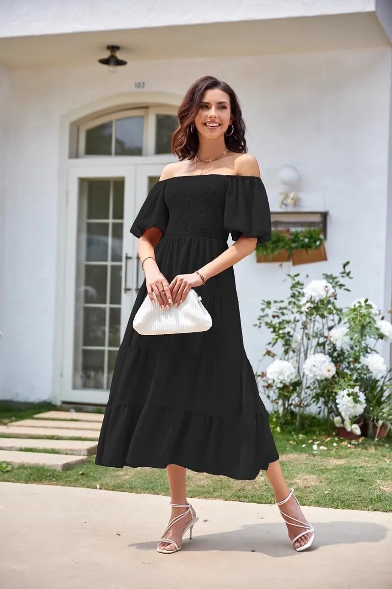 aihihe Summer Dresses for Women 2025 Casual Maxi Dress Square Neck Puff Sleeve Smocked High Waist A Line Boho Flowy Dresses