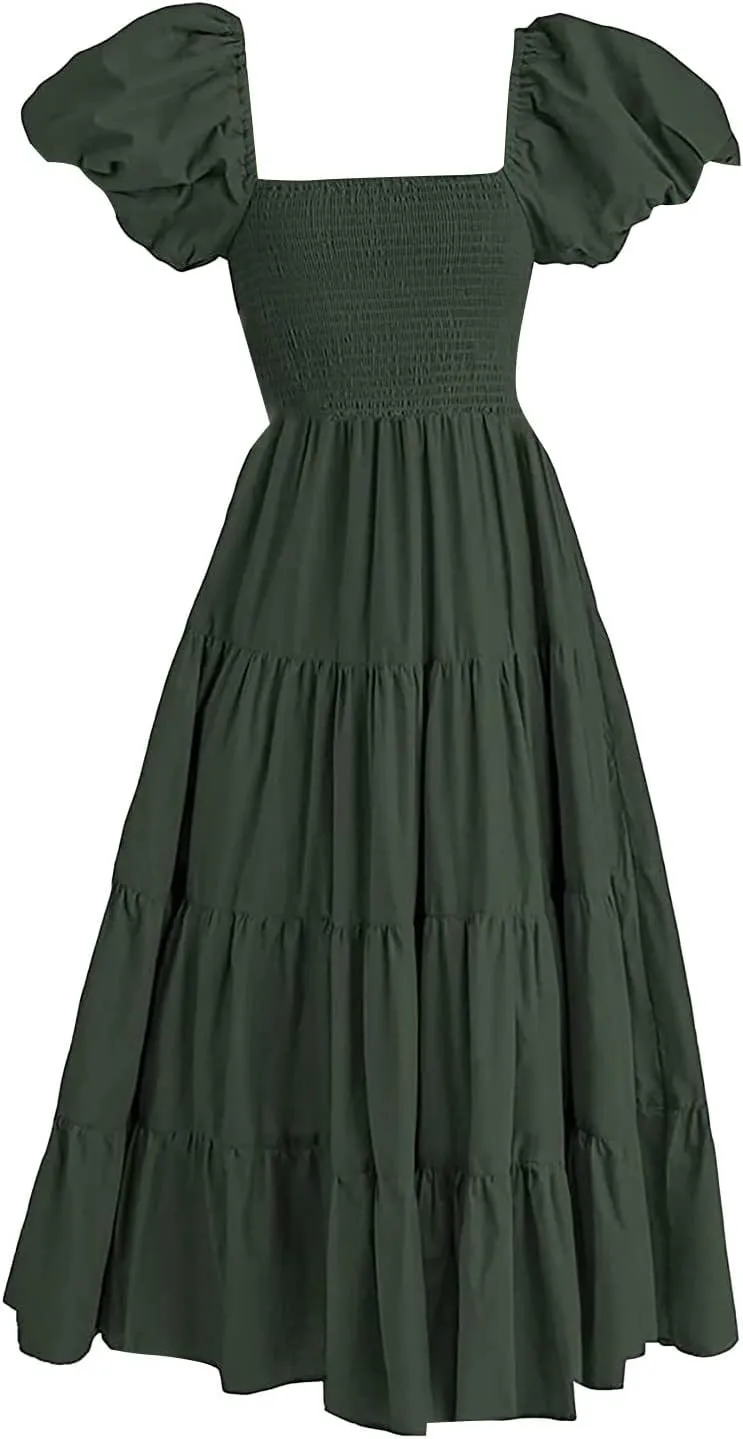 aihihe Summer Dresses for Women 2025 Casual Maxi Dress Square Neck Puff Sleeve Smocked High Waist A Line Boho Flowy Dresses