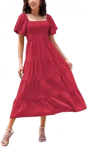 aihihe Summer Dresses for Women 2025 Casual Maxi Dress Square Neck Puff Sleeve Smocked High Waist A Line Boho Flowy Dresses