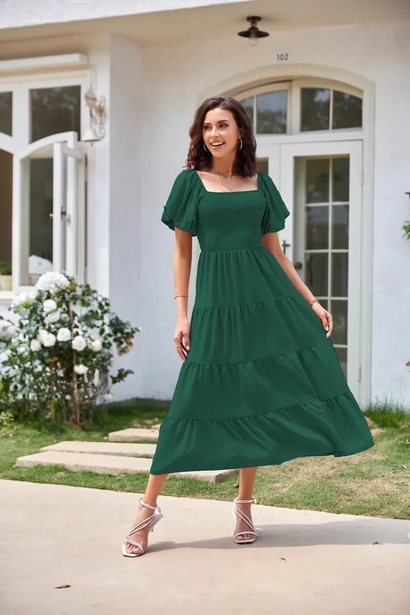 aihihe Summer Dresses for Women 2025 Casual Maxi Dress Square Neck Puff Sleeve Smocked High Waist A Line Boho Flowy Dresses