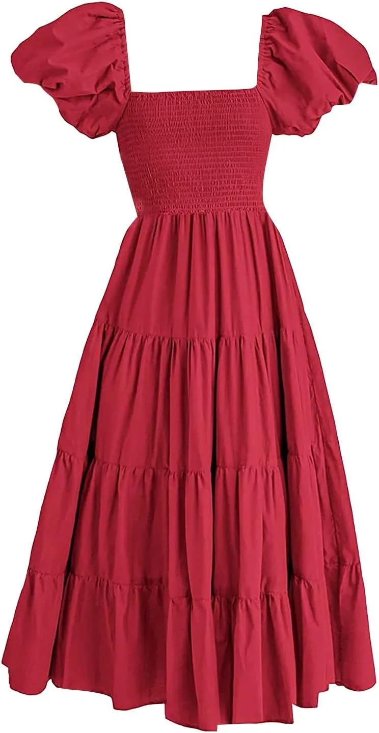 aihihe Summer Dresses for Women 2025 Casual Maxi Dress Square Neck Puff Sleeve Smocked High Waist A Line Boho Flowy Dresses