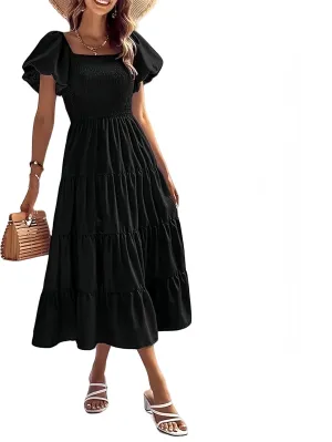 aihihe Summer Dresses for Women 2025 Casual Maxi Dress Square Neck Puff Sleeve Smocked High Waist A Line Boho Flowy Dresses