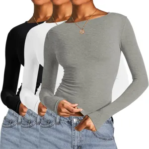 AKEWEI Long Sleeve Crop Tops for Women 2 Pack Fall Going Out Outfits Cute Tight Basic Tees Shirt