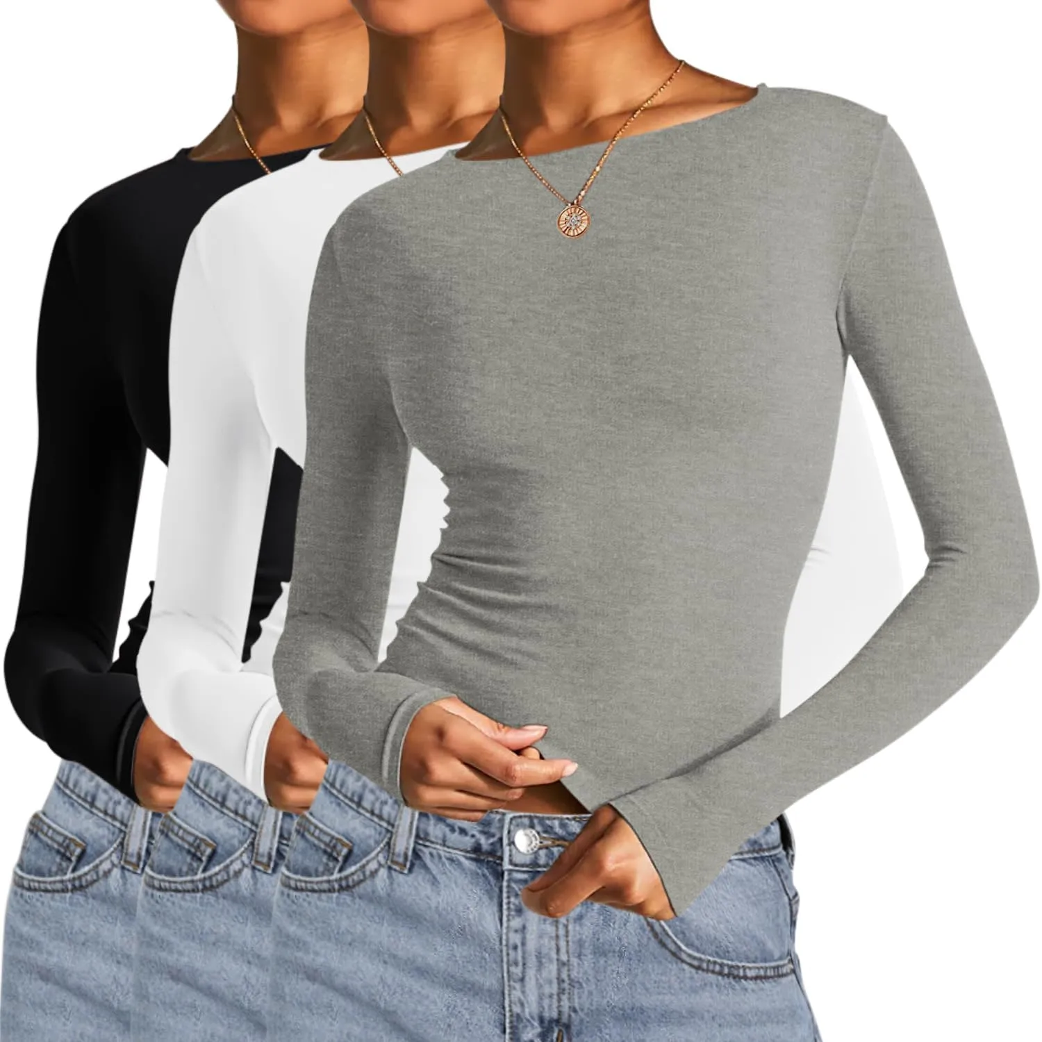 AKEWEI Long Sleeve Crop Tops for Women 2 Pack Fall Going Out Outfits Cute Tight Basic Tees Shirt