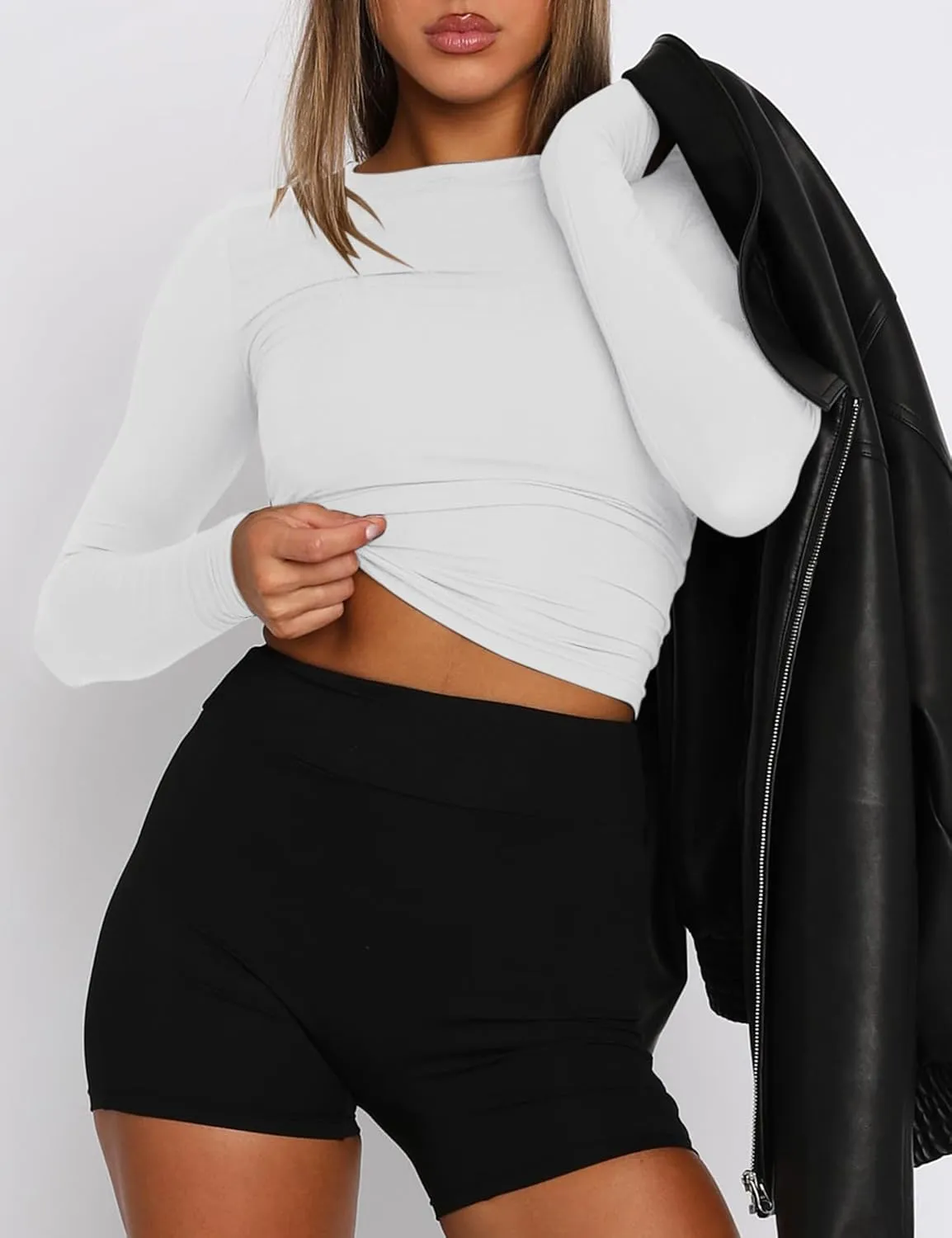 AKEWEI Long Sleeve Crop Tops for Women 2 Pack Fall Going Out Outfits Cute Tight Basic Tees Shirt