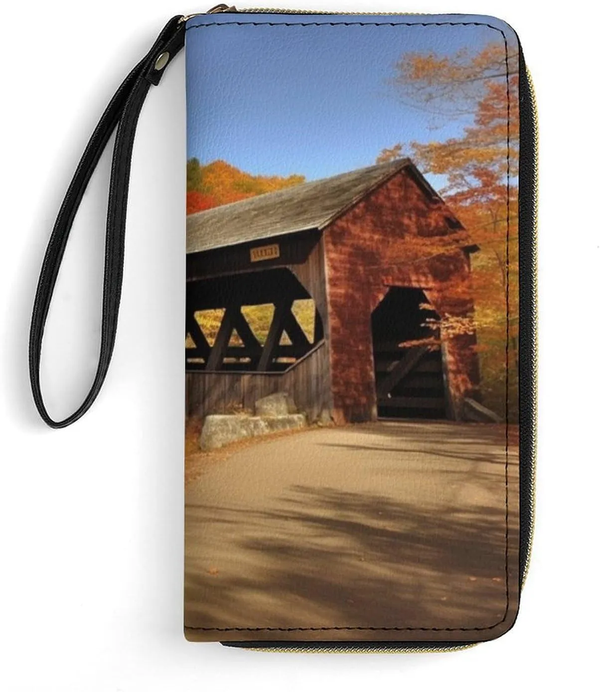 Albany Covered Bridge Leather Wallet Smooth Zip Around Clutch Wristlet Travel Long Soft Purse for Women