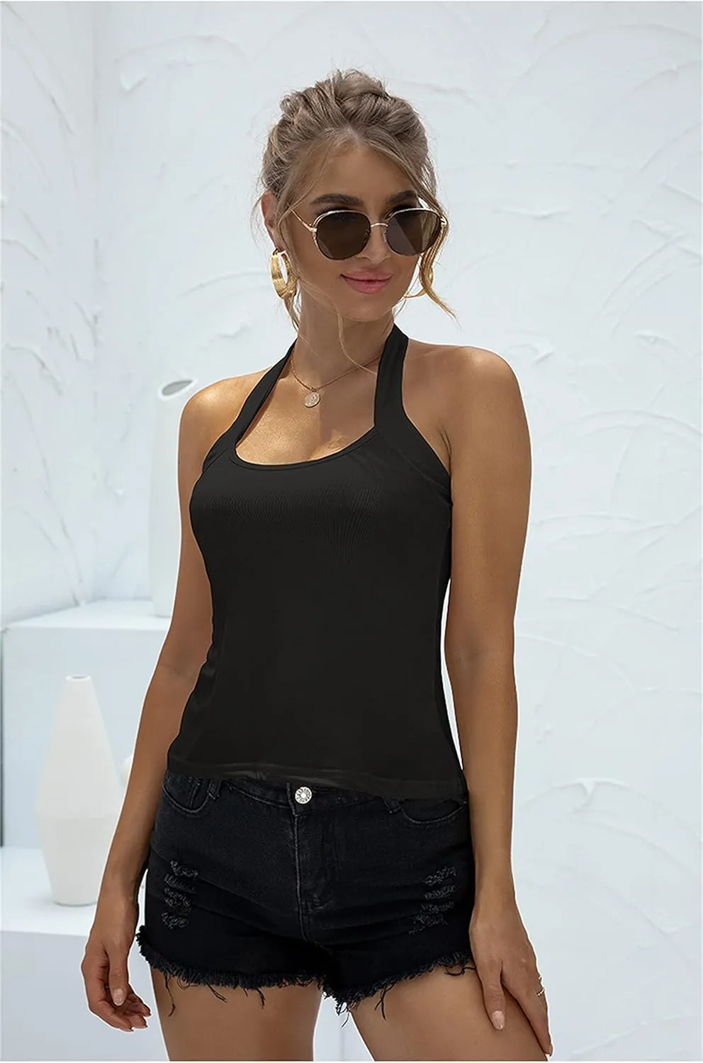 Andongnywell Women's Halter Cami Tank Tops Camisole Shirts Sexy Sleeveless Basic Tees Blouse Beach Top Halter Vest