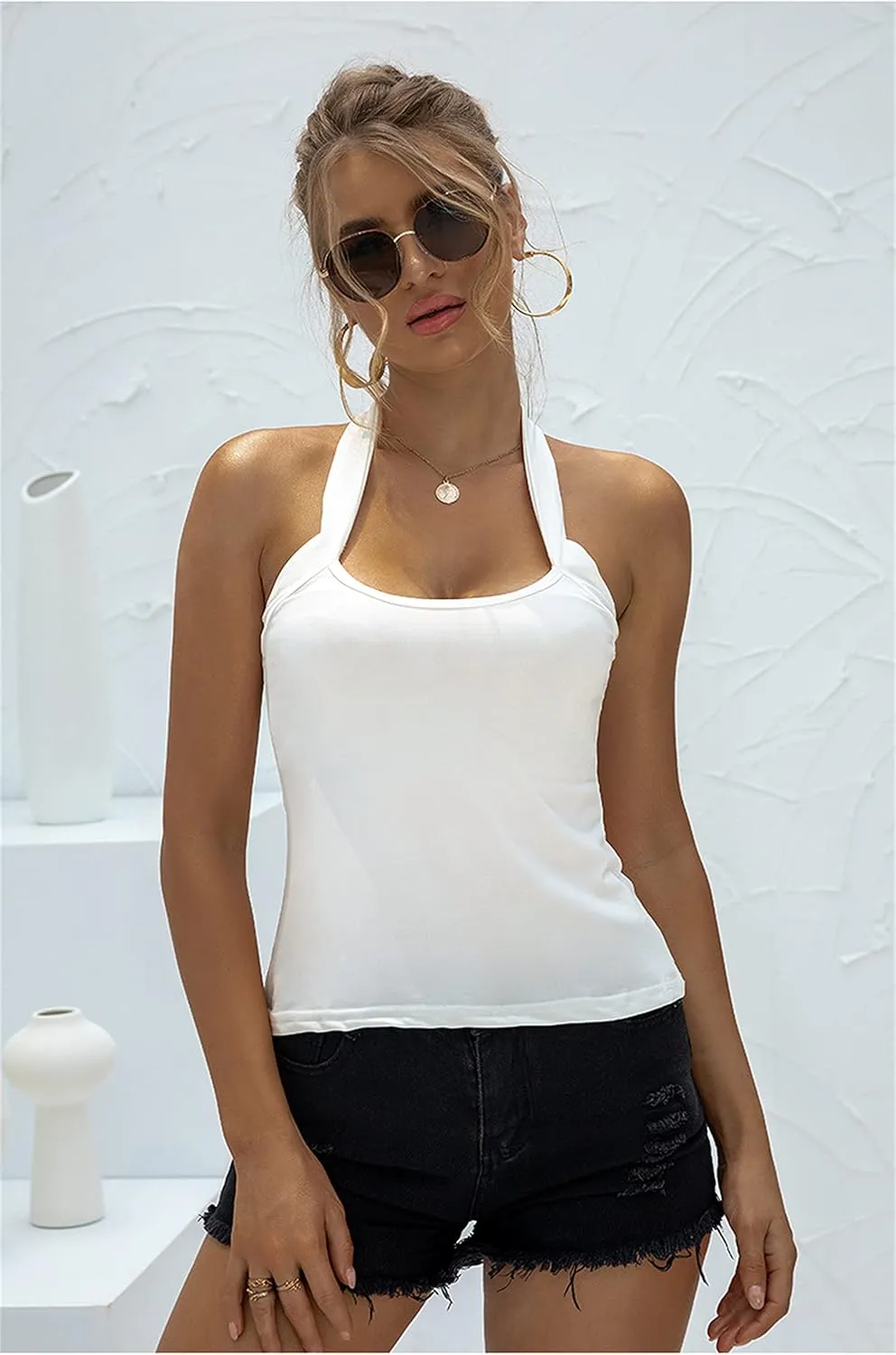 Andongnywell Women's Halter Cami Tank Tops Camisole Shirts Sexy Sleeveless Basic Tees Blouse Beach Top Halter Vest
