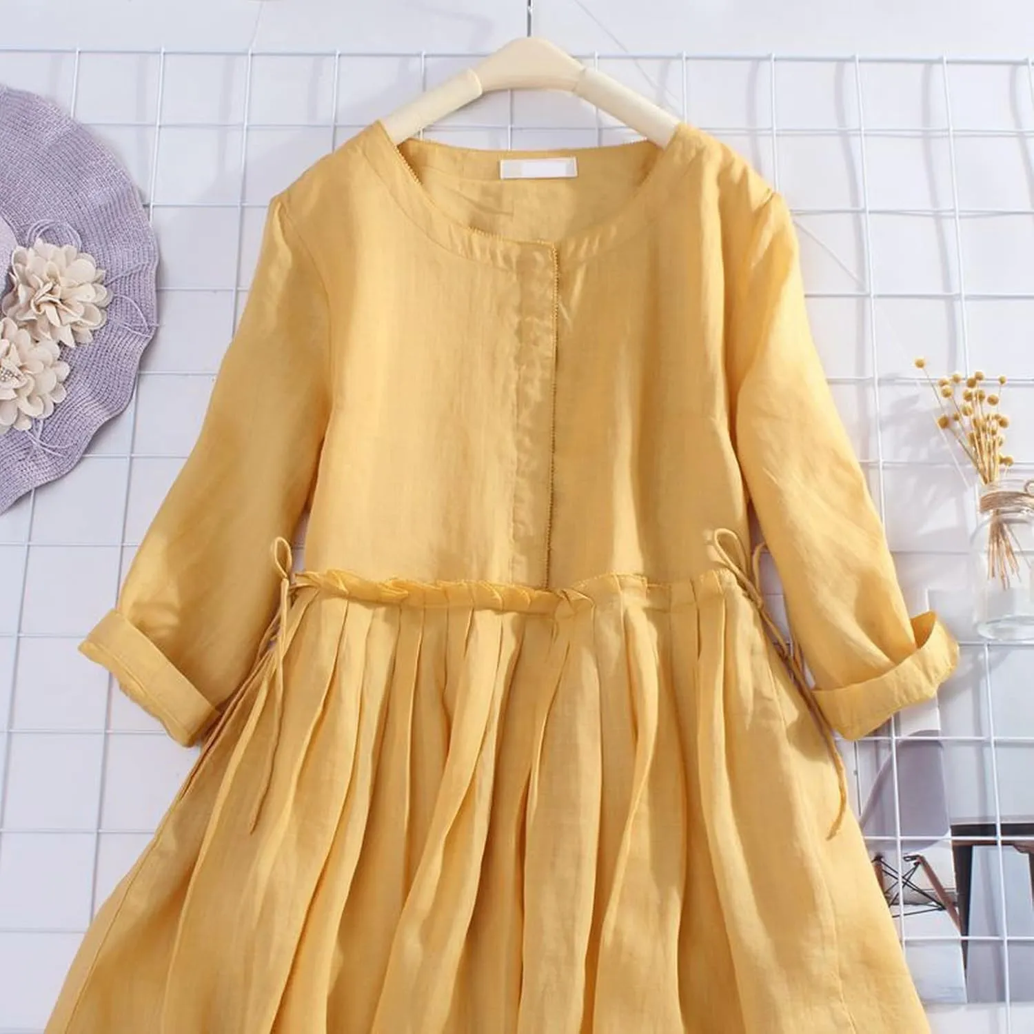 Aniywn Women's Boho Linen Dresses 3/4 Sleeve Vintage Pleated Maxi Sundress with Belt Lace Up Waist Beach Dress for Summer