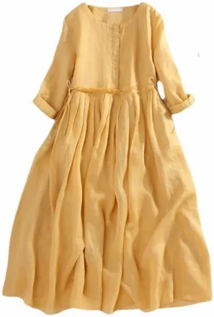 Aniywn Women's Boho Linen Dresses 3/4 Sleeve Vintage Pleated Maxi Sundress with Belt Lace Up Waist Beach Dress for Summer
