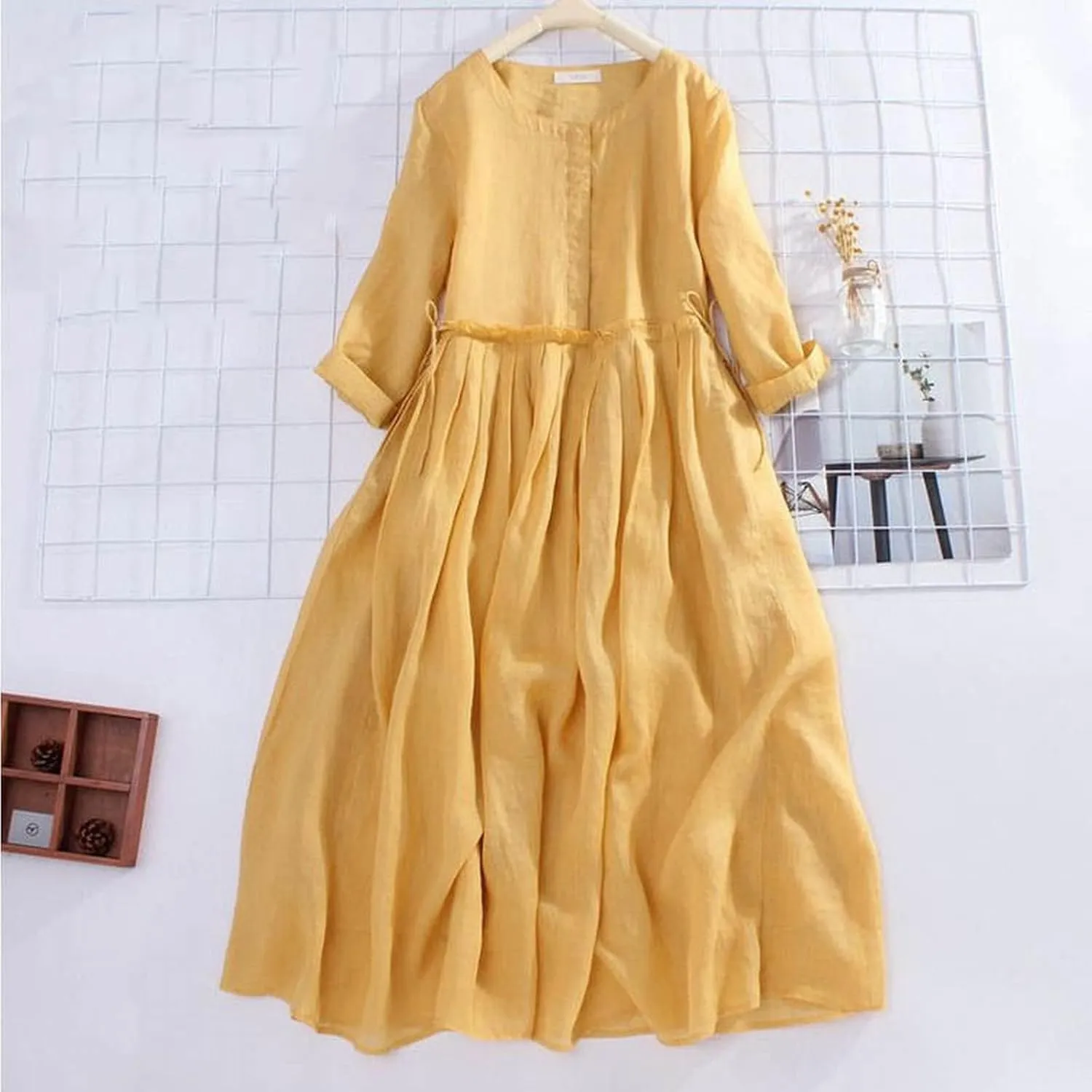 Aniywn Women's Boho Linen Dresses 3/4 Sleeve Vintage Pleated Maxi Sundress with Belt Lace Up Waist Beach Dress for Summer