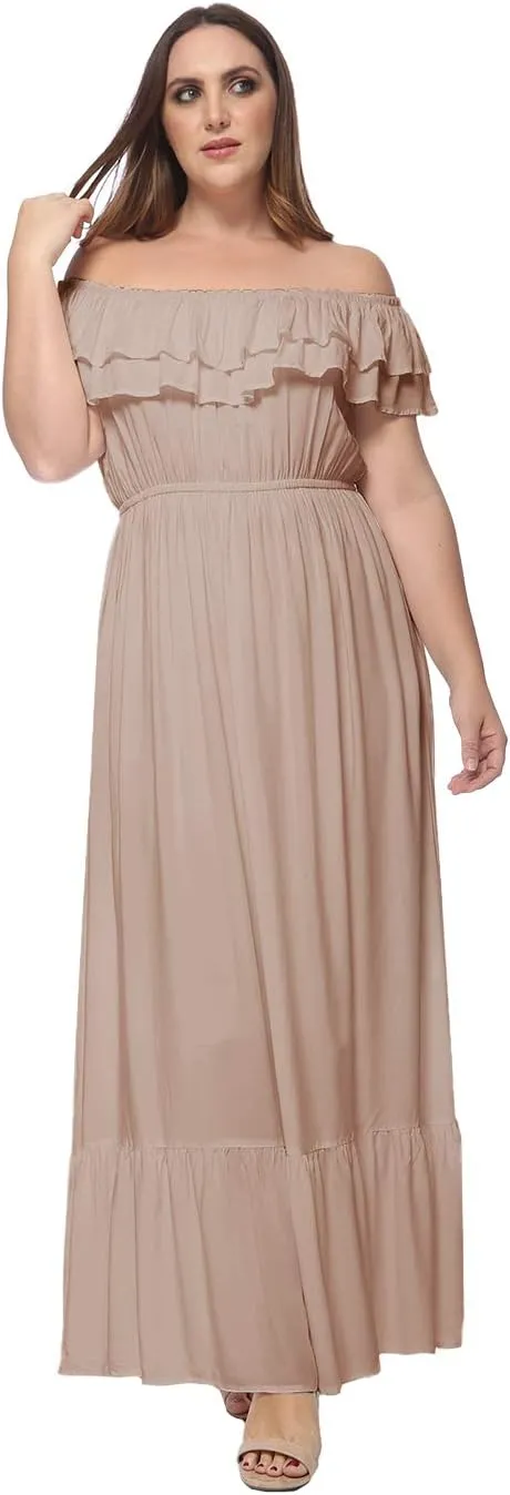 Anna-Kaci Women's Plus Size Bohemian Ruffle Off The Shoulder Stretchy Empire Waist Maxi Long Dress,