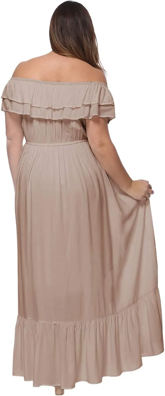 Anna-Kaci Women's Plus Size Bohemian Ruffle Off The Shoulder Stretchy Empire Waist Maxi Long Dress,