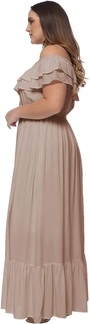 Anna-Kaci Women's Plus Size Bohemian Ruffle Off The Shoulder Stretchy Empire Waist Maxi Long Dress,